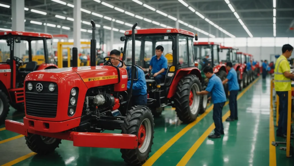 Interior view of a Chinese farm tractor factory with workers assembling tractors