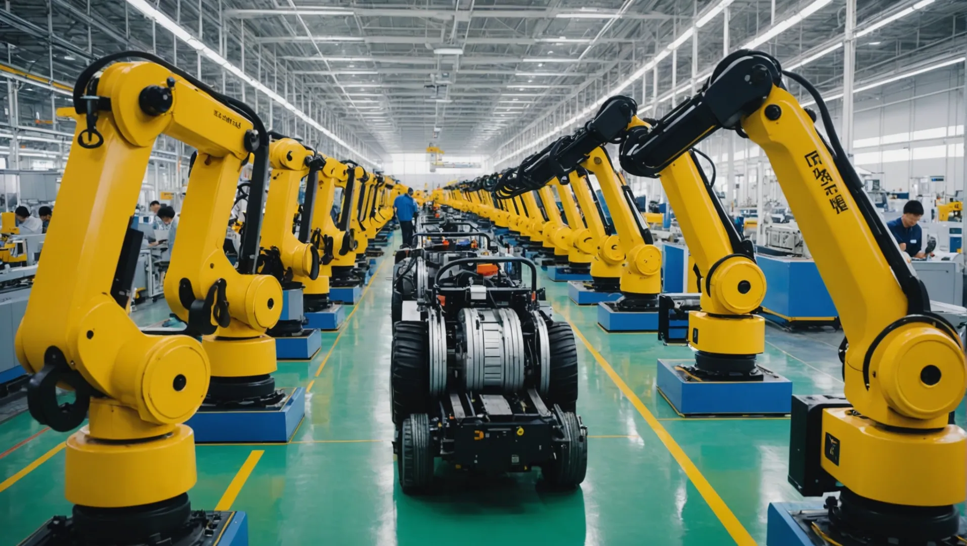 Modern Chinese tractor in a factory setting with automation equipment