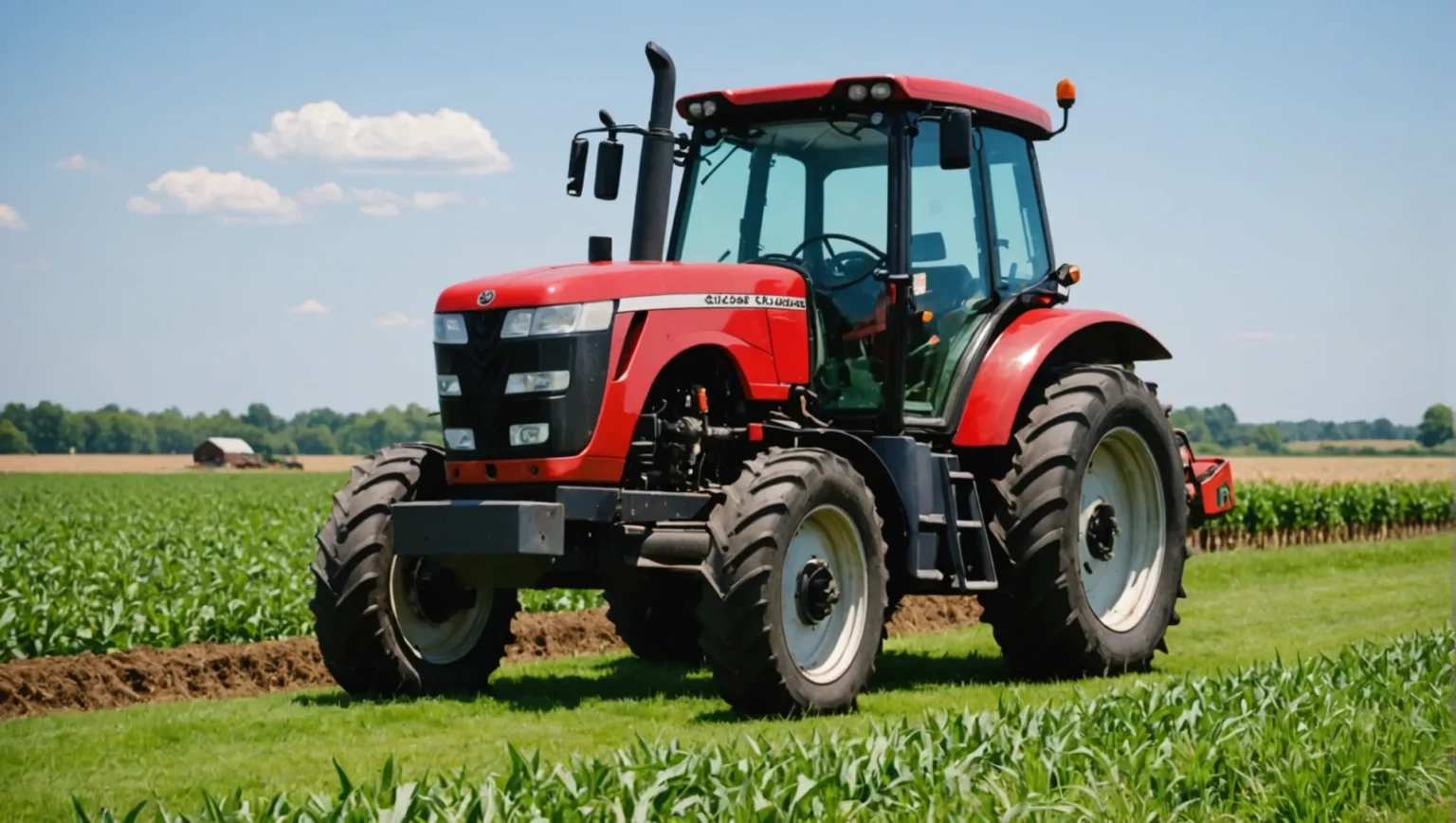 A mid-sized tractor in a field with green crops