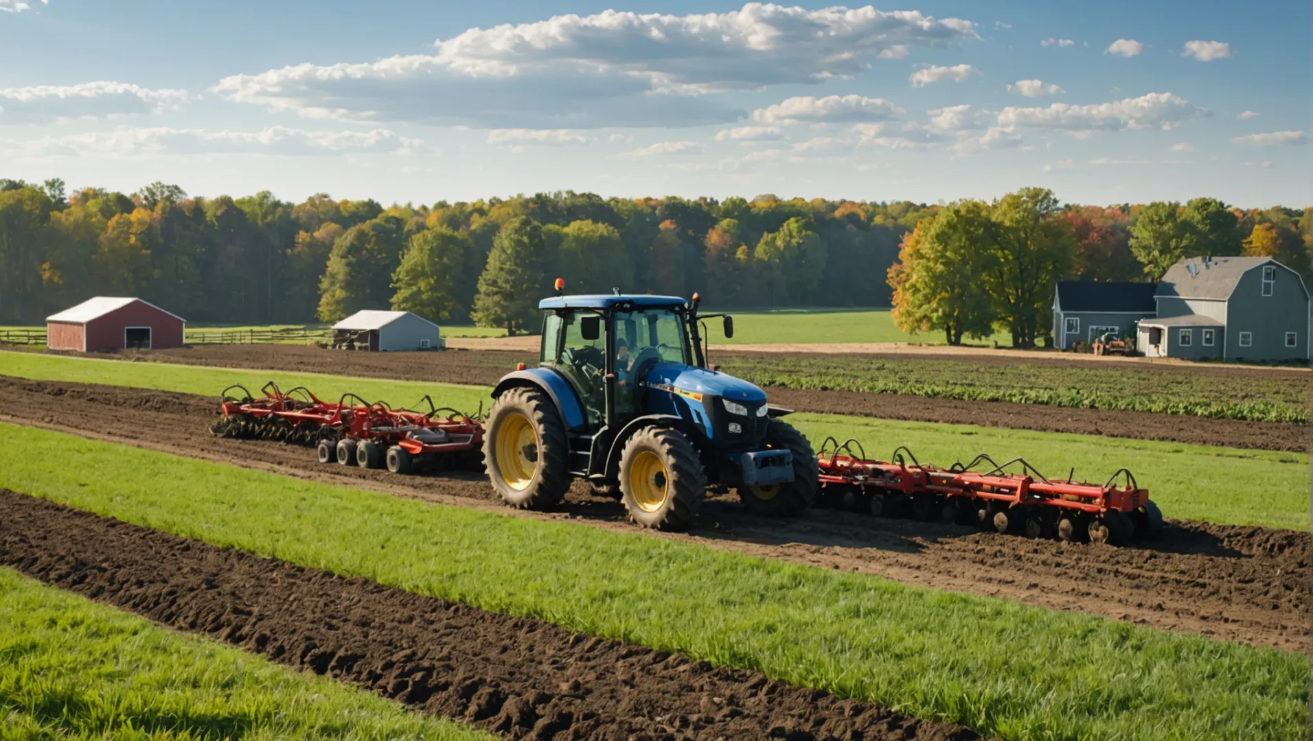 A 10-acre farm with various essential tractor attachments including a plow, mower, seeder, and loader.
