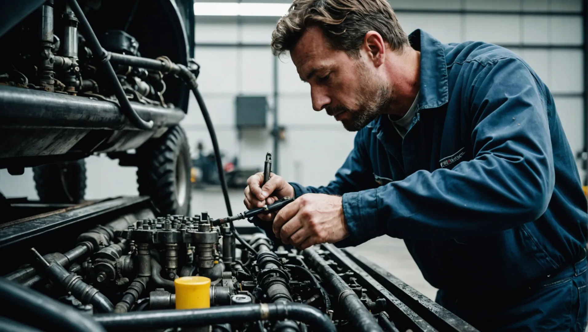 Mechanic inspecting tractor's hydraulic fluid for signs of change