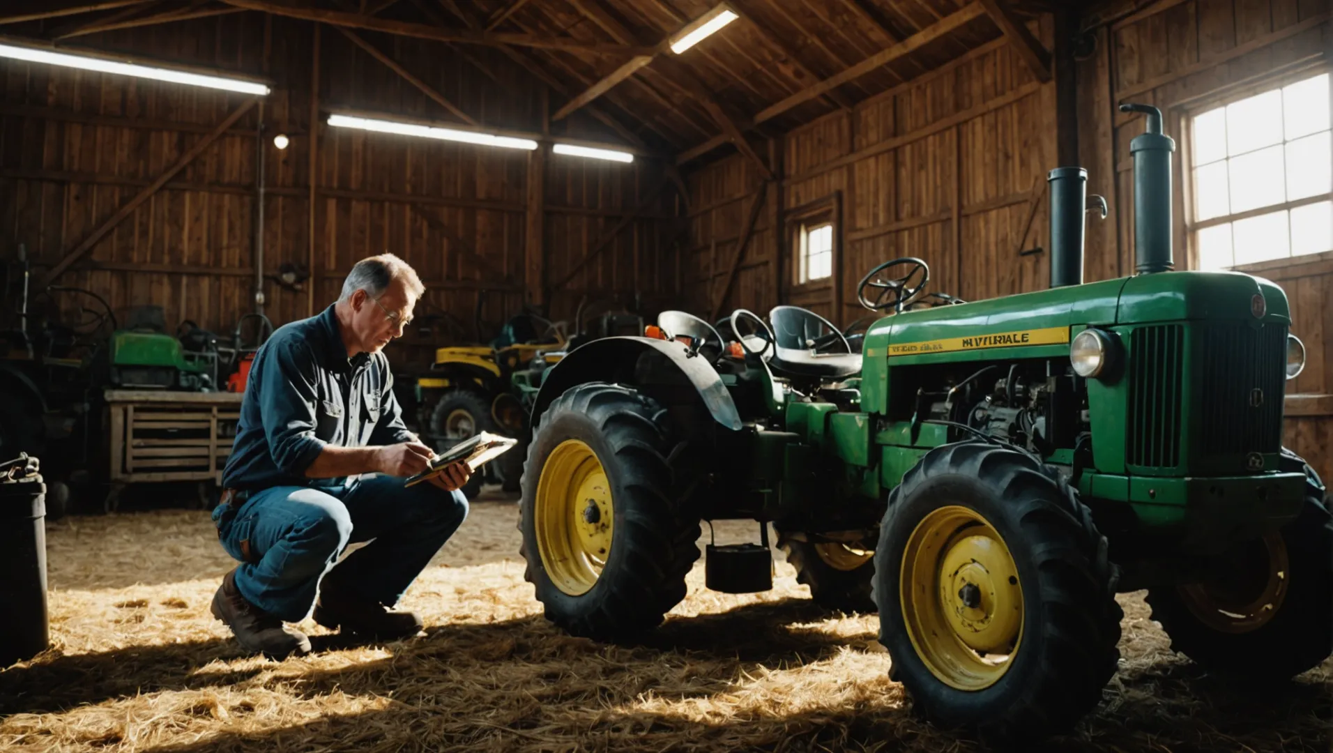 Tractor under maintenance with hydraulic fluid container