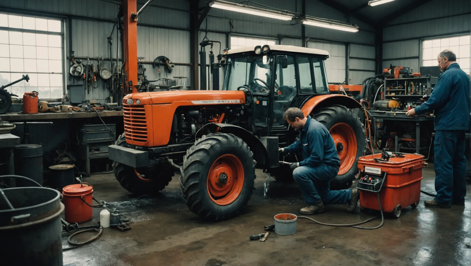 Mechanic flushing a tractor's hydraulic system