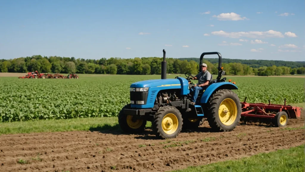 A medium-sized farm tractor working on a field under a clear sky.