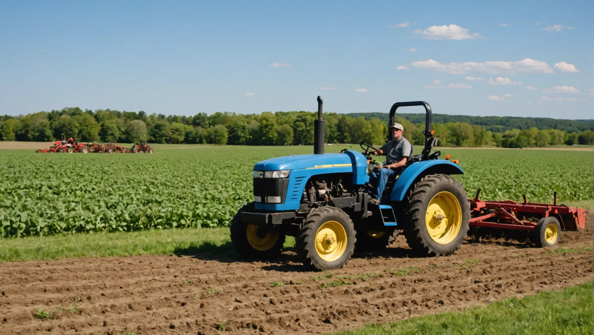 A medium-sized farm tractor working on a field under a clear sky.