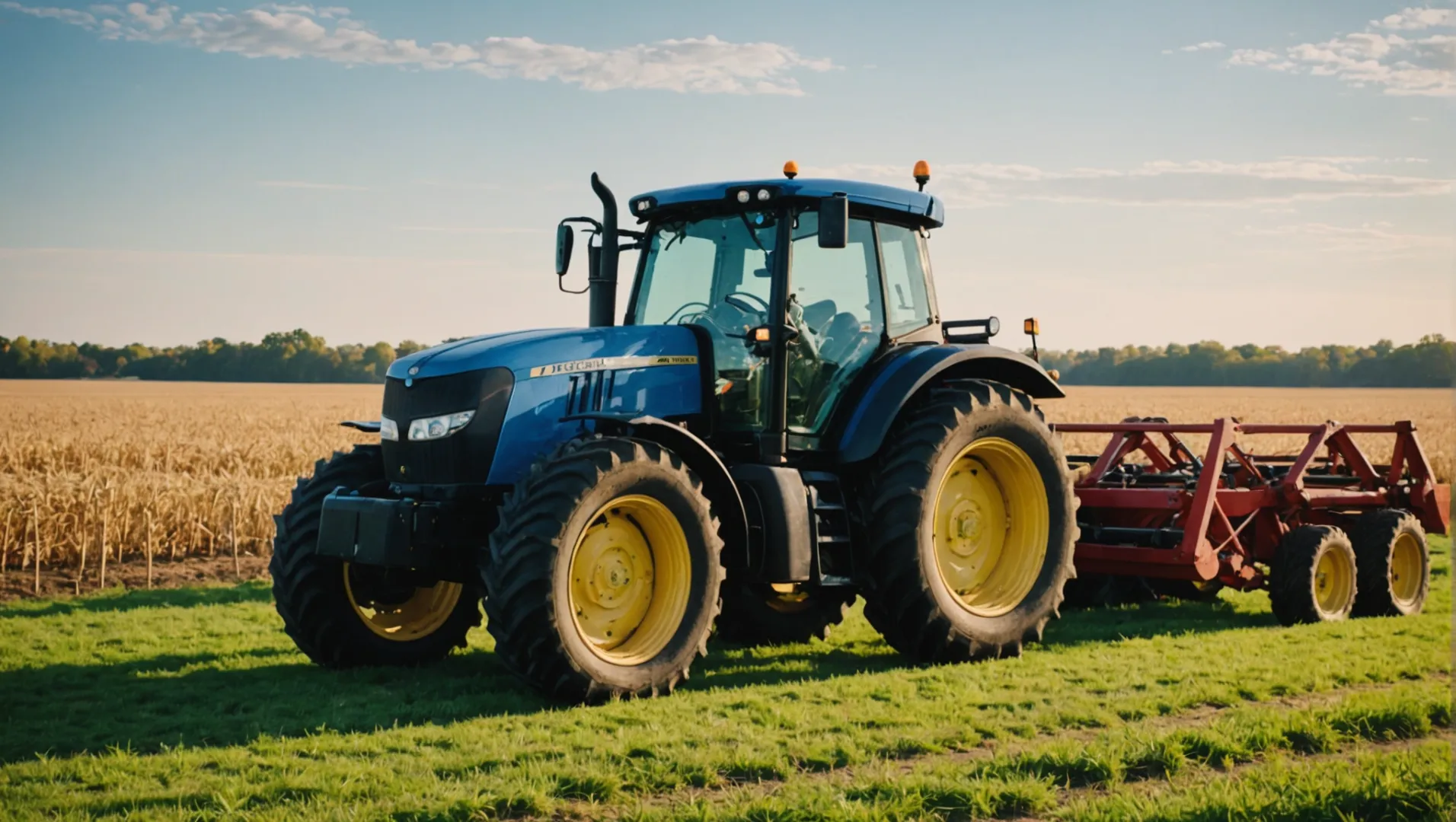 A modern farm tractor with various attachments in a field.