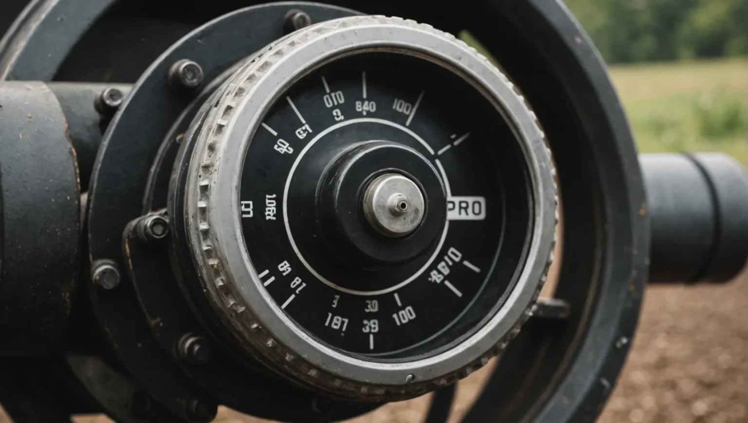 A close-up of a tractor's PTO shaft with a focus on the speed settings dial.