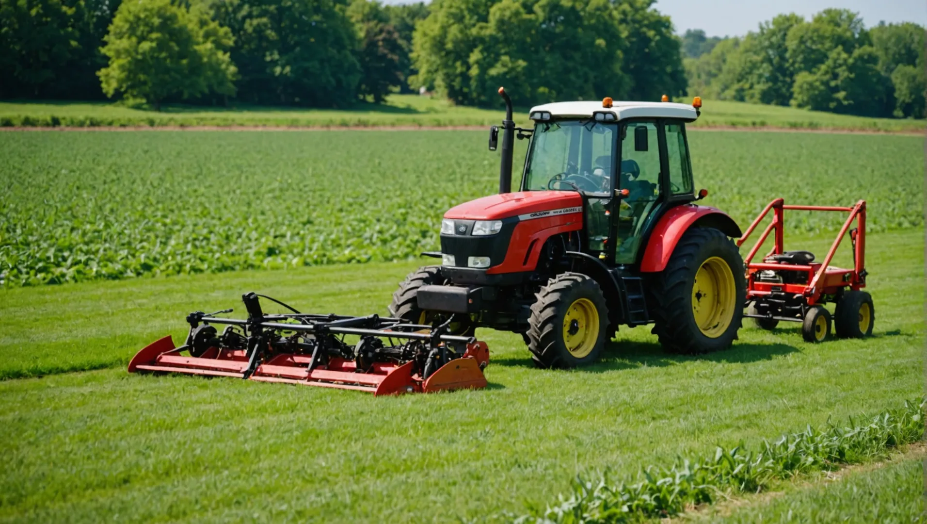 A small farm tractor with various attachments including a front end loader, mower, and seeder