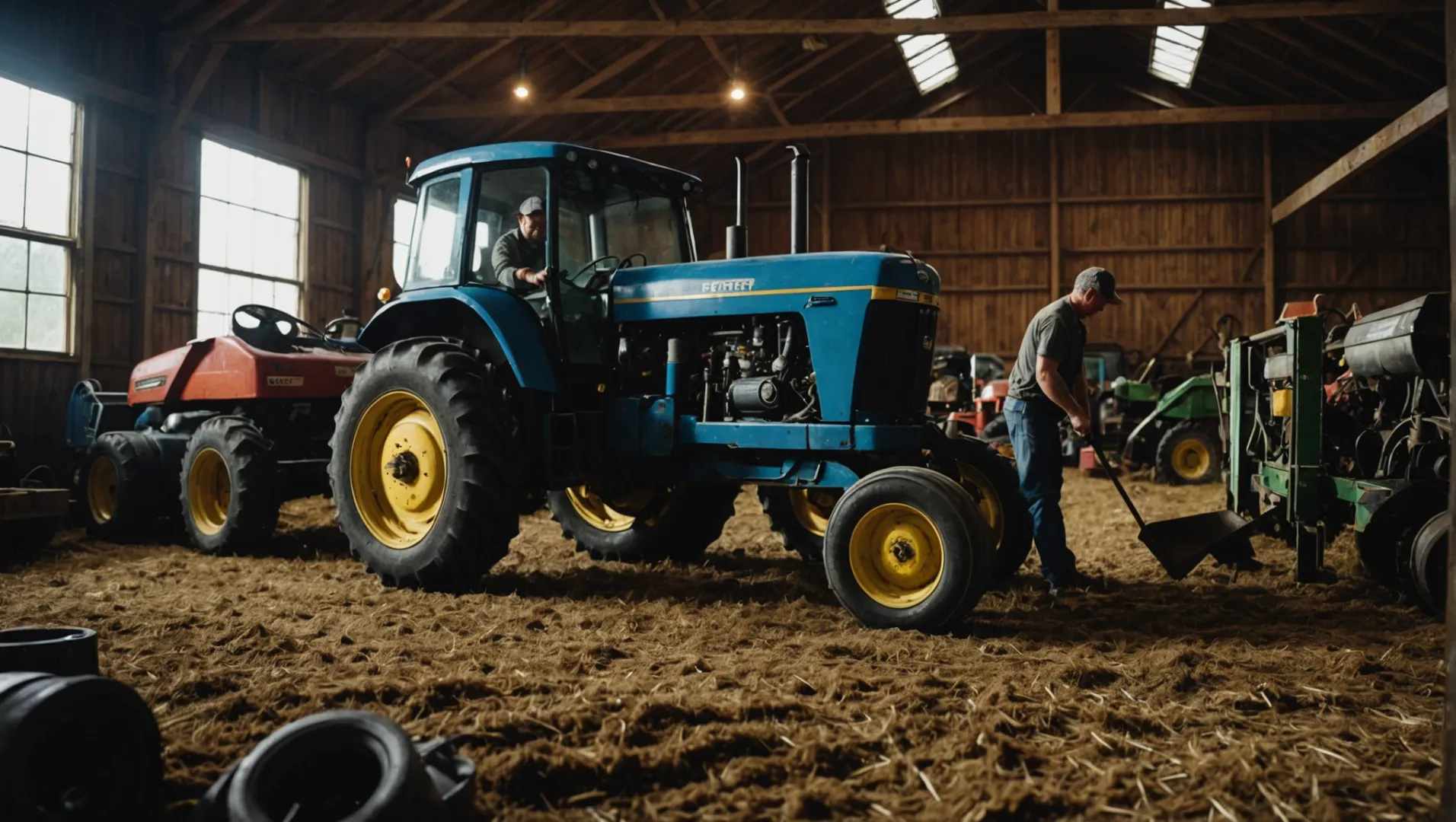 A farmer cleaning and lubricating tractor attachments in a barn