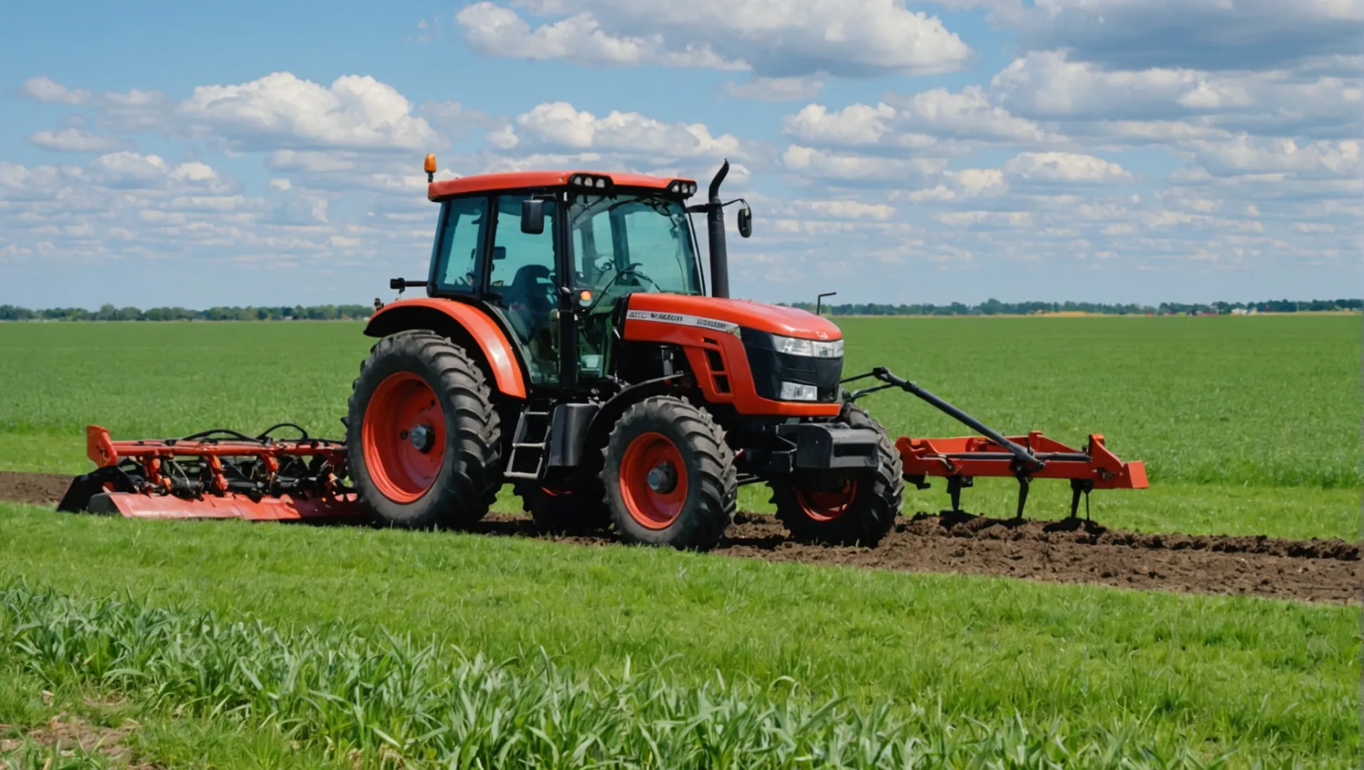 A tractor with multiple attachments lined up in a field.