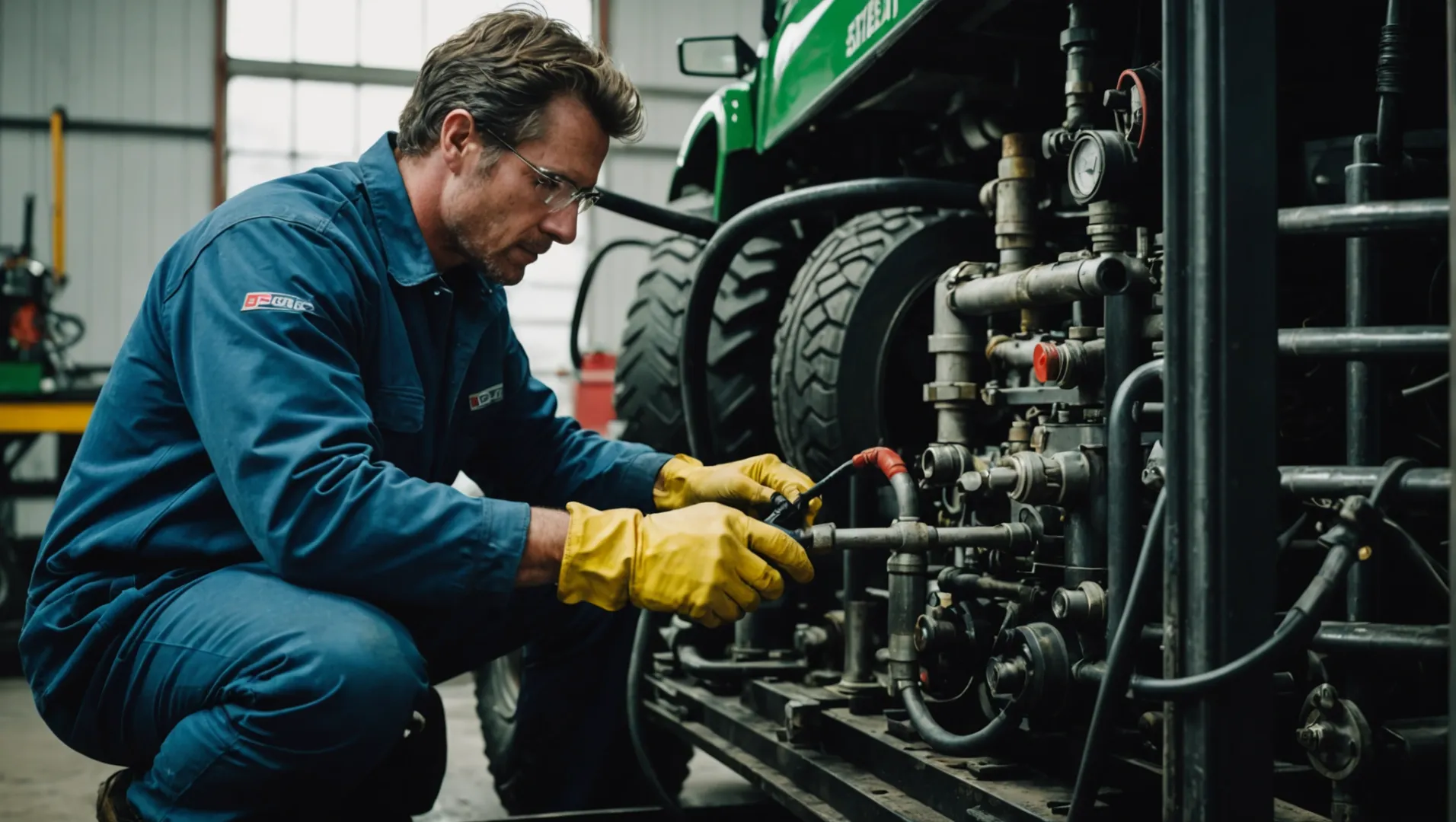 Close-up of a tractor's hydraulic system during a fluid change