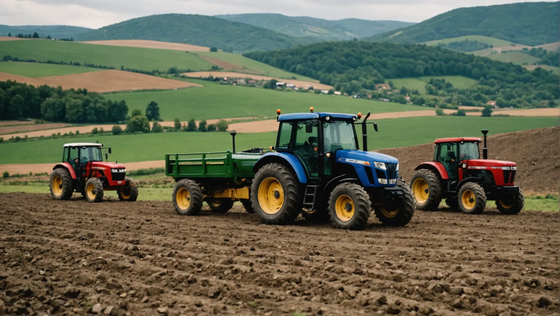 A selection of tractors on various terrains illustrating size and terrain compatibility.