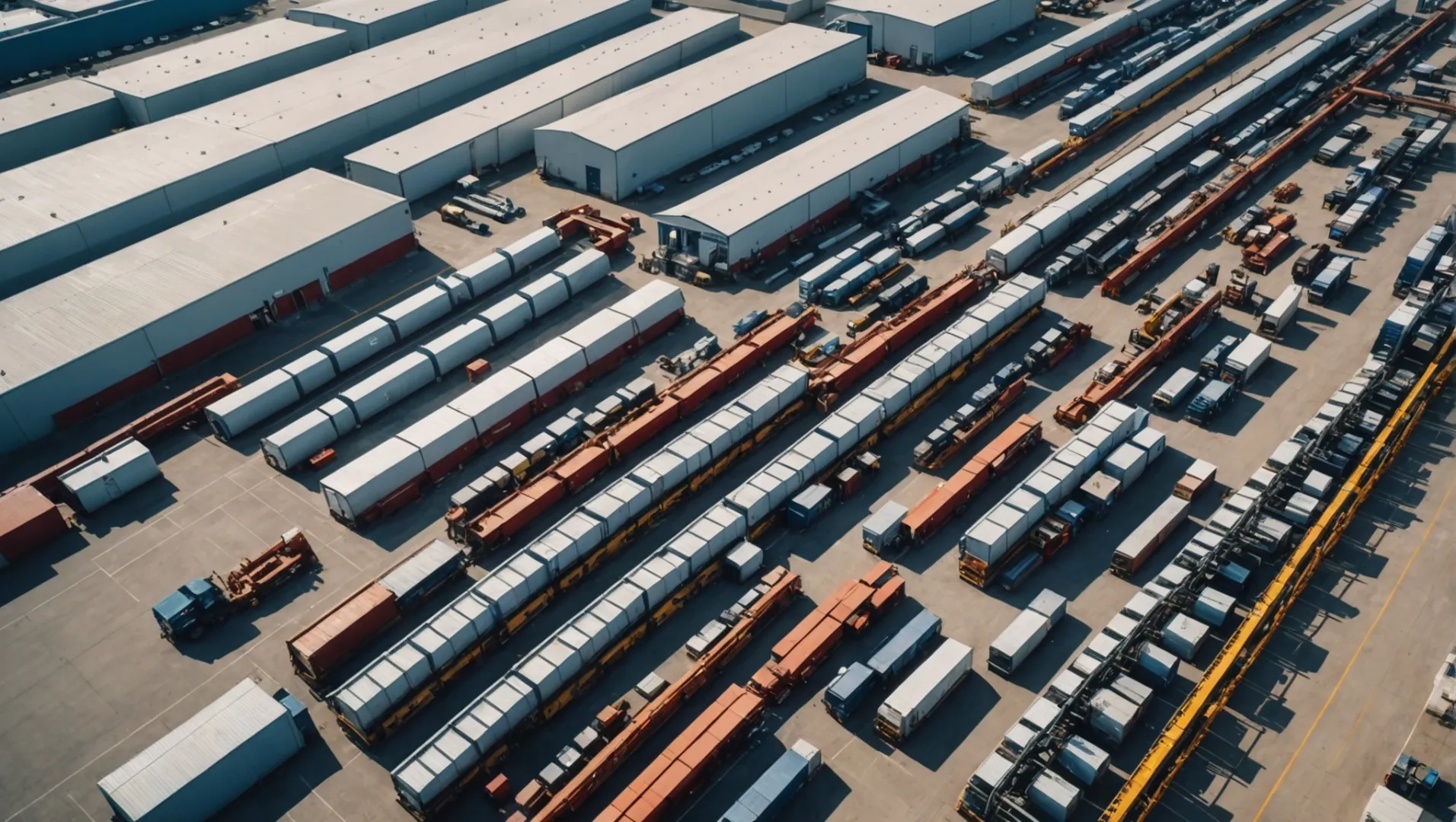 Aerial view of tractor manufacturing plant with supply chain elements.