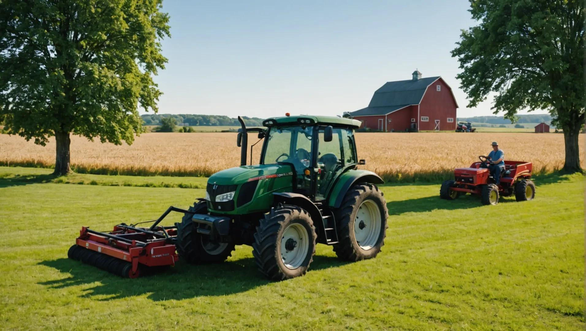 A tractor with various attachments on a farm, ready for mowing, tilling, and hauling tasks.