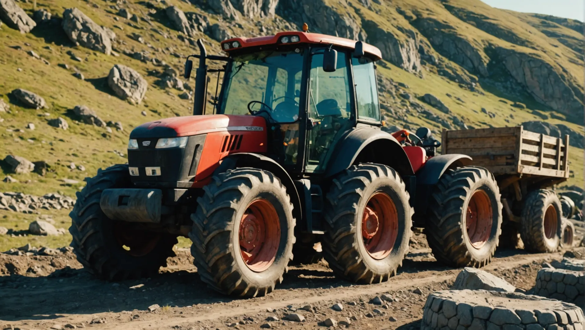 A tractor with its tires visible, working on a rocky terrain under bright sunlight.