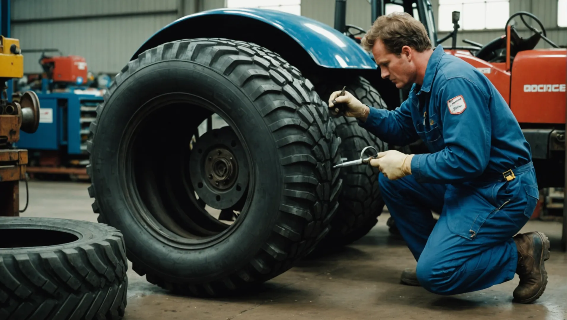 Close-up of a person inspecting a tractor tire in a workshop, focusing on treads and pressure gauge.