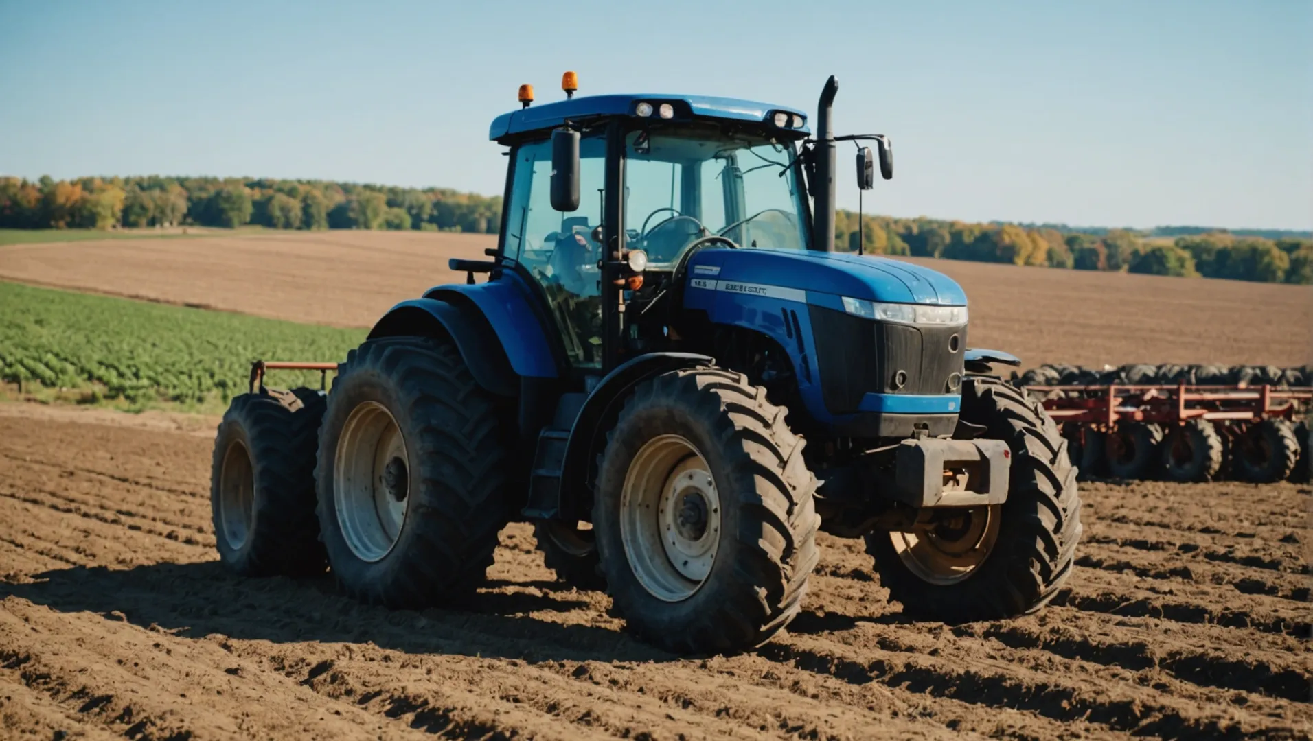 A close-up view of a tractor's large tires in a farm setting, showcasing their rugged tread and surrounding terrain.