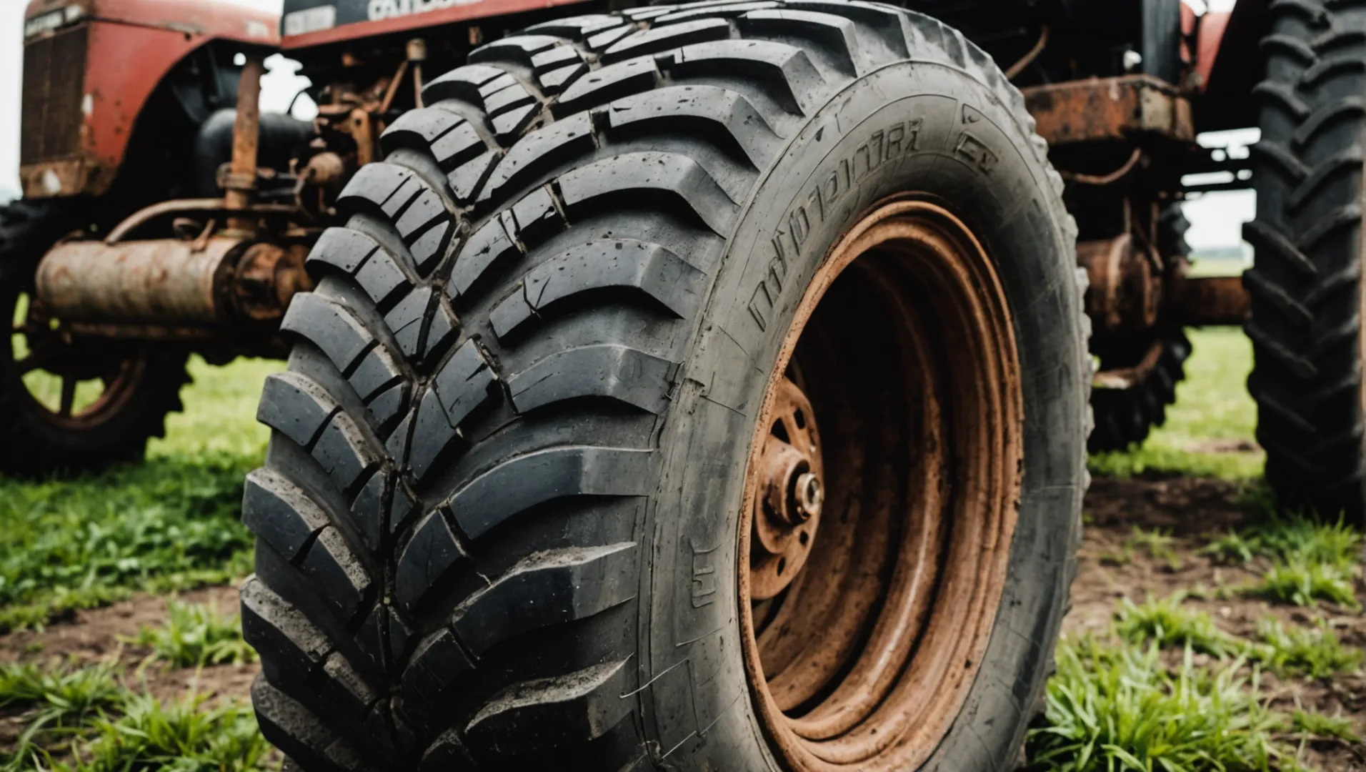 A worn tractor tire with visible tread wear and sidewall cracks on a farm.