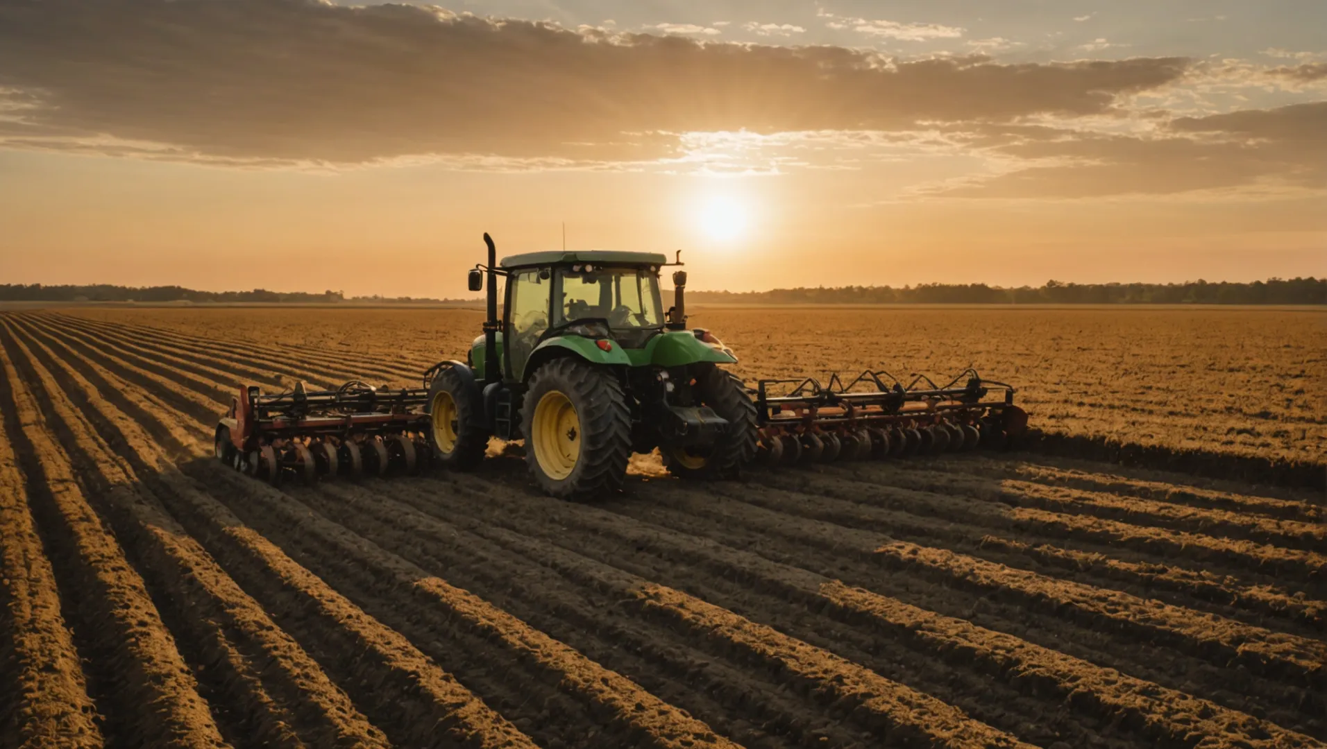 A tractor equipped with various attachments like plow, seeder, and mower on a farm field.