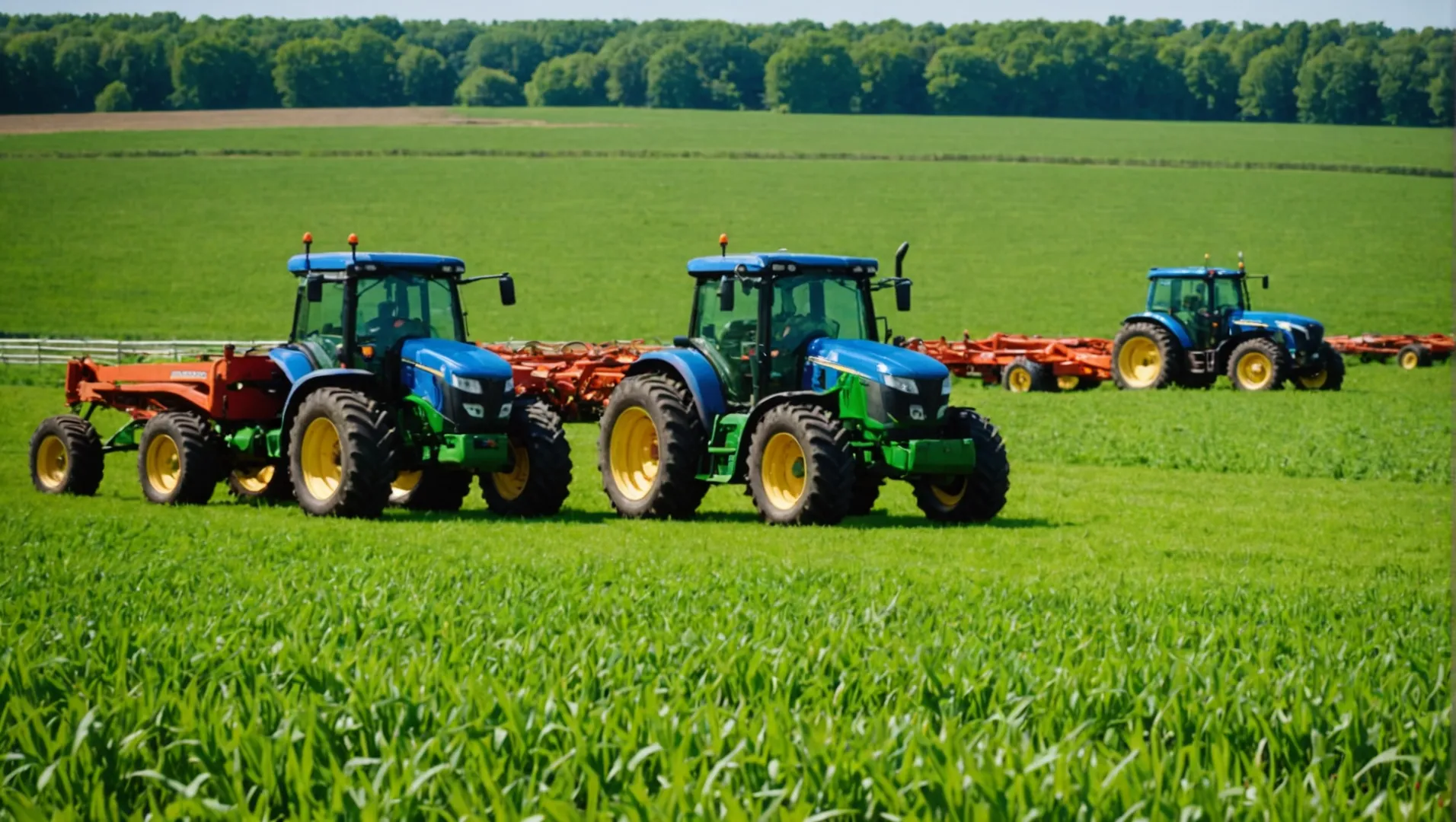 Three tractors from John Deere, Kubota, and New Holland parked on a small farm field.