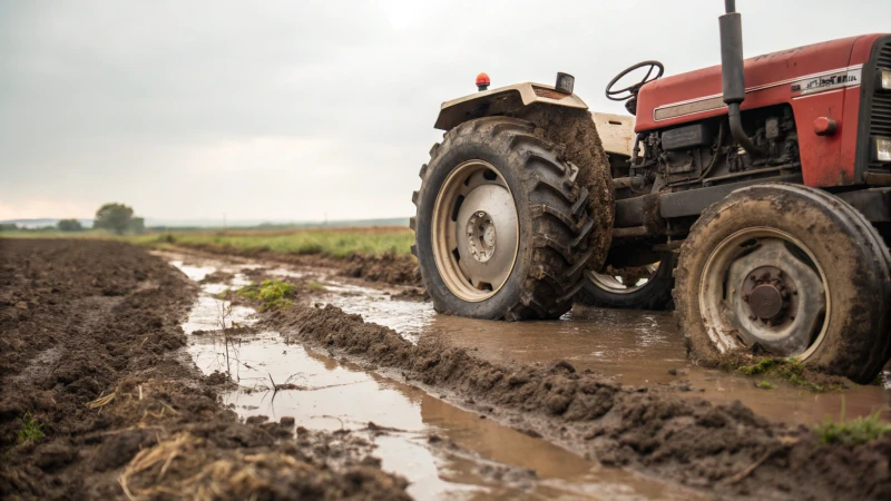 A 2WD farm tractor stuck in a muddy field
