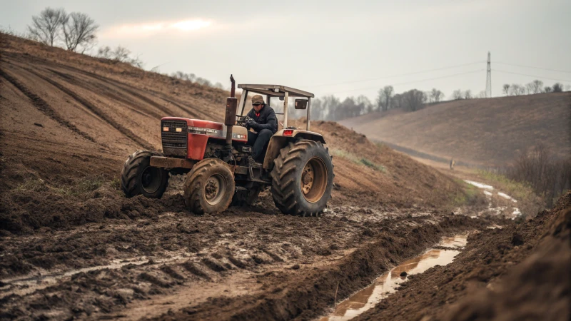A 2WD tractor operating on a muddy field