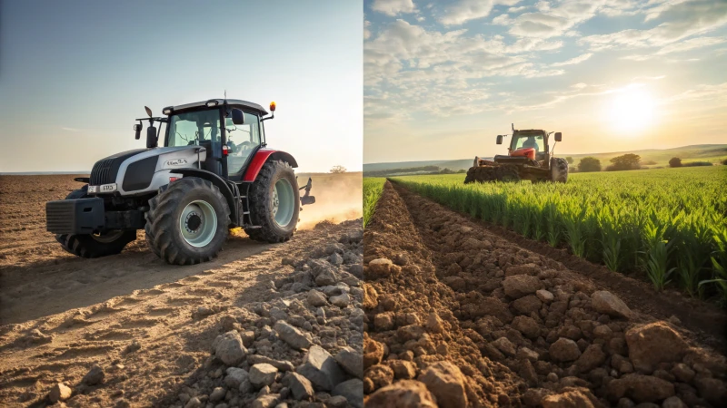 Side-by-side comparison of a 2WD and a 4WD tractor in an agricultural setting