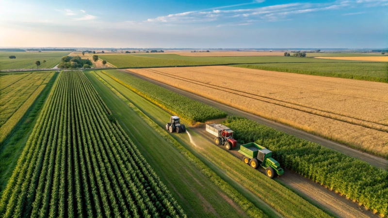 Aerial view of agricultural fields with modern farming machinery