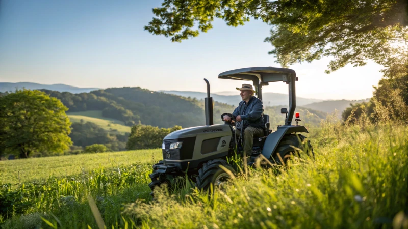 A beginner farmer driving a modern tractor in a green field