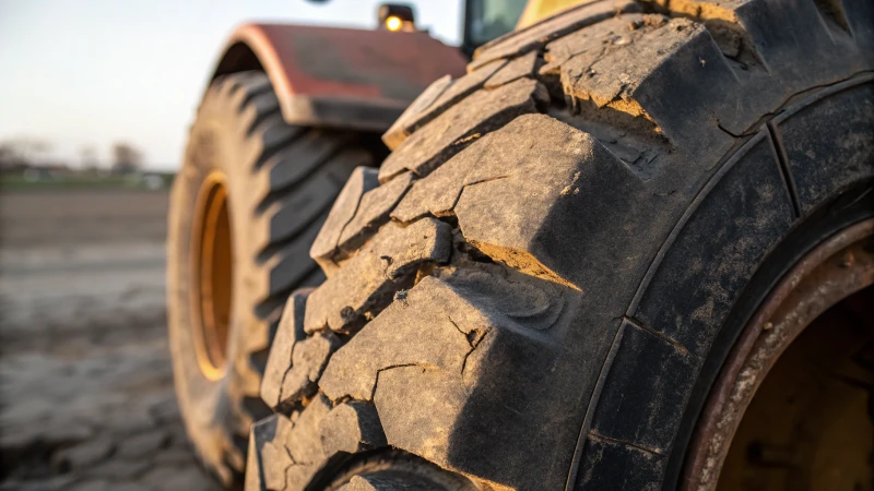 Close-up of a worn tractor tire with visible cracks and shallow tread