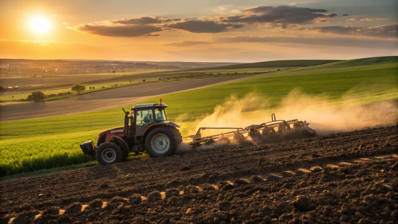 A powerful diesel tractor plowing a field at sunset
