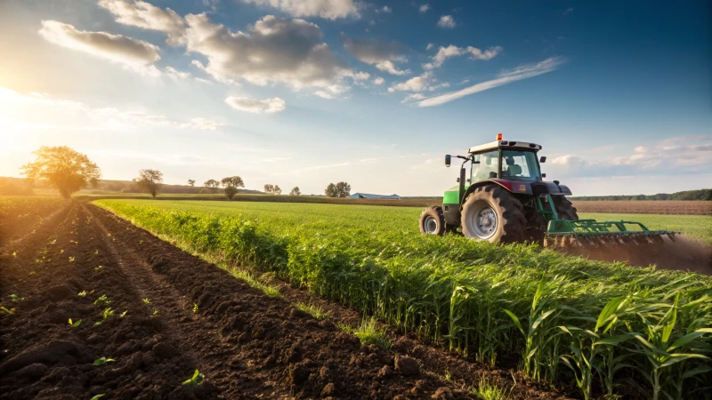 A farm tractor plowing a green field