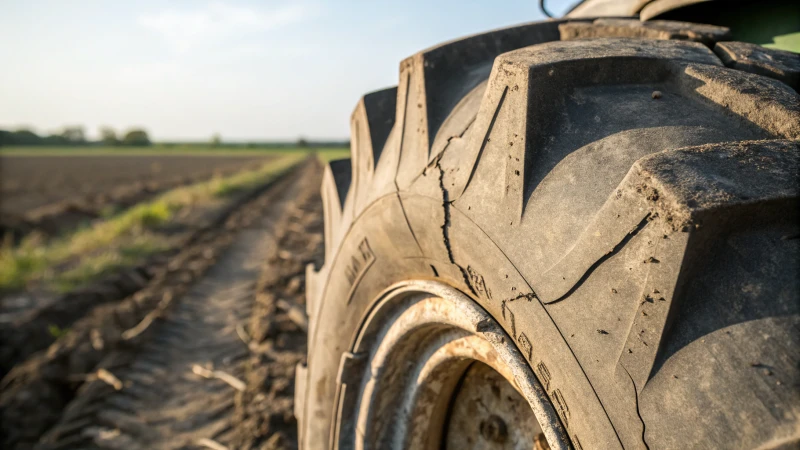 Close-up of a worn farm tractor tire