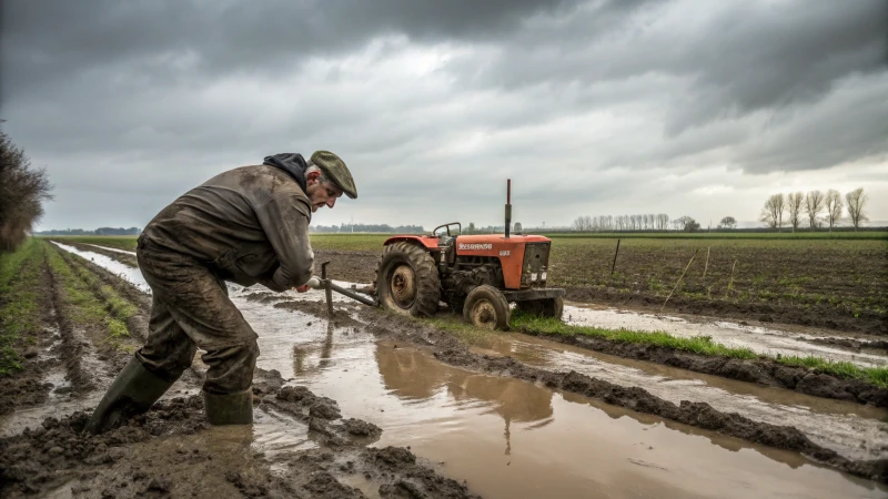 A farmer struggling to pull a tractor out of muddy ground
