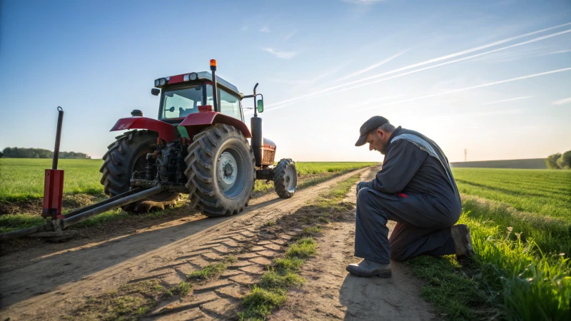 Farmer inspecting PTO shaft of a tractor in a field