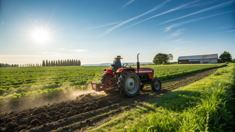 Farmer on a bright red tractor in a green field
