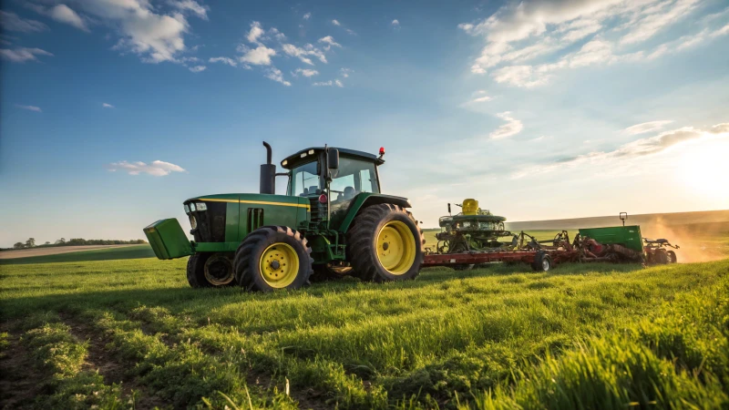 A John Deere tractor in a green field under a blue sky