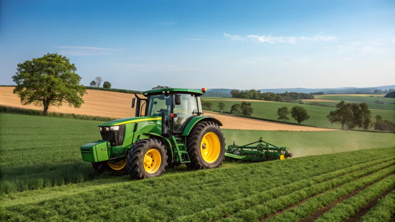 A John Deere tractor plowing a green field under a blue sky.
