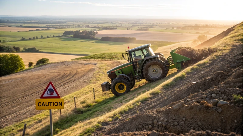 A large agricultural tractor on a steep slope in a farm landscape