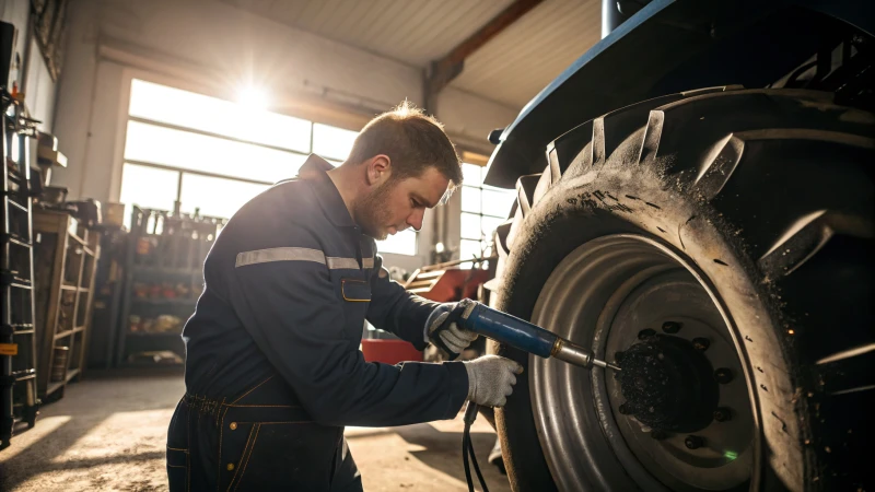 A mechanic greasing a tractor in a workshop