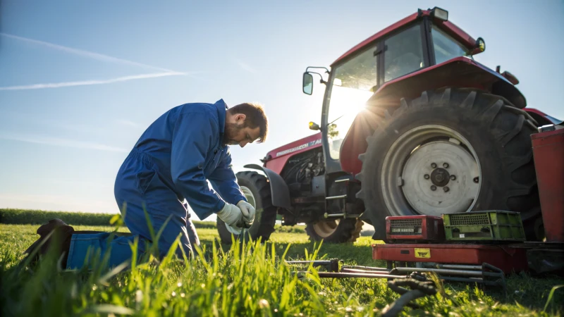 A mechanic performing maintenance on a red tractor in a field