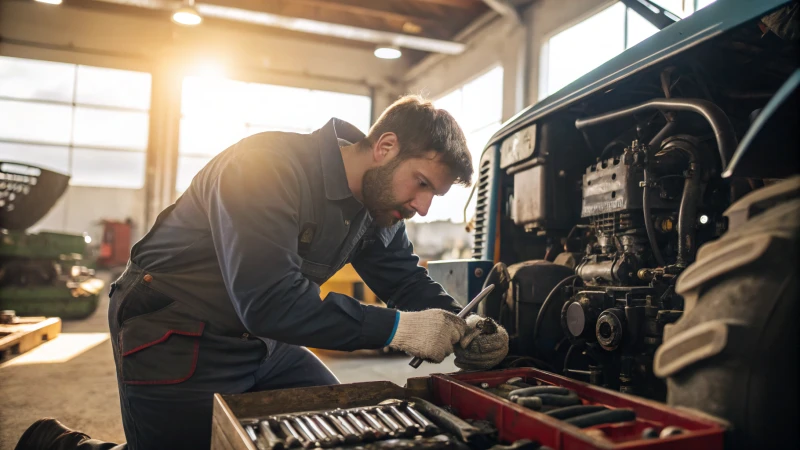 A mechanic repairing a tractor engine in a workshop