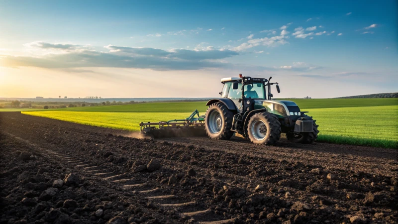 A modern agricultural tractor tilling soil in a field