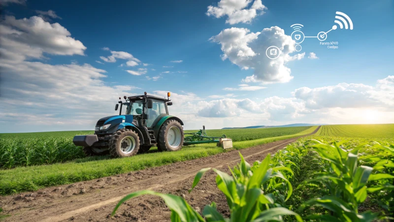 A modern agricultural tractor plowing a green field under a sunny sky