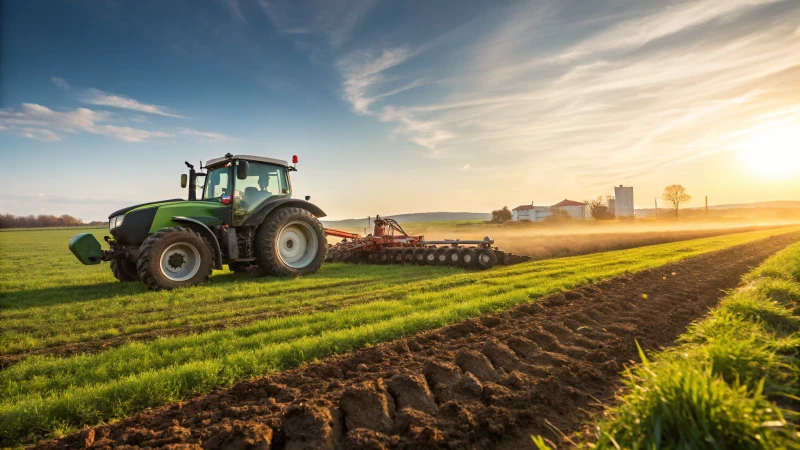 A powerful farm tractor plowing a green field