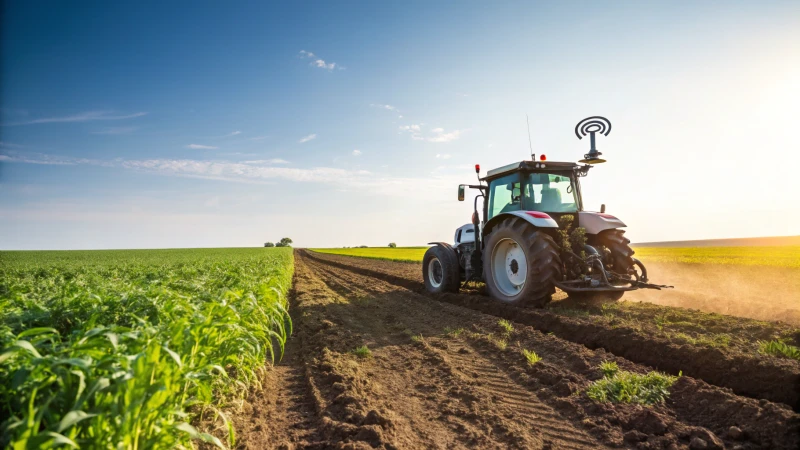 A modern tractor plowing a green field