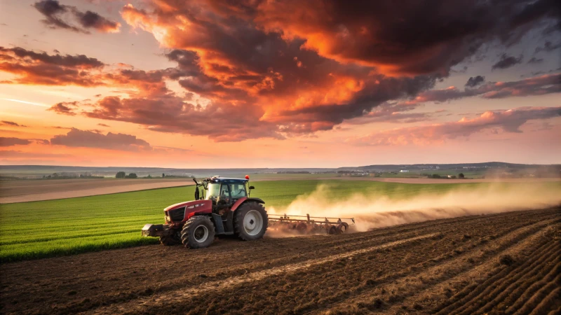 A tractor plowing a field at sunset