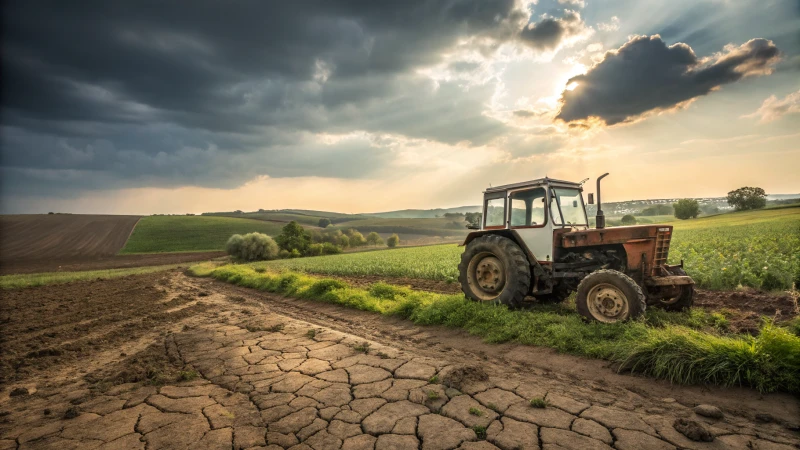 A rugged tractor parked on a farm field under varying weather conditions.