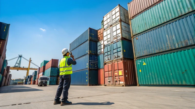 A worker inspecting a cargo container in a shipping yard