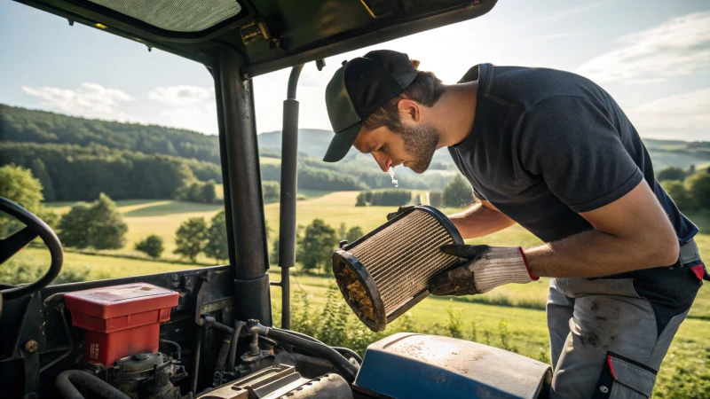 Mechanic cleaning a tractor air filter